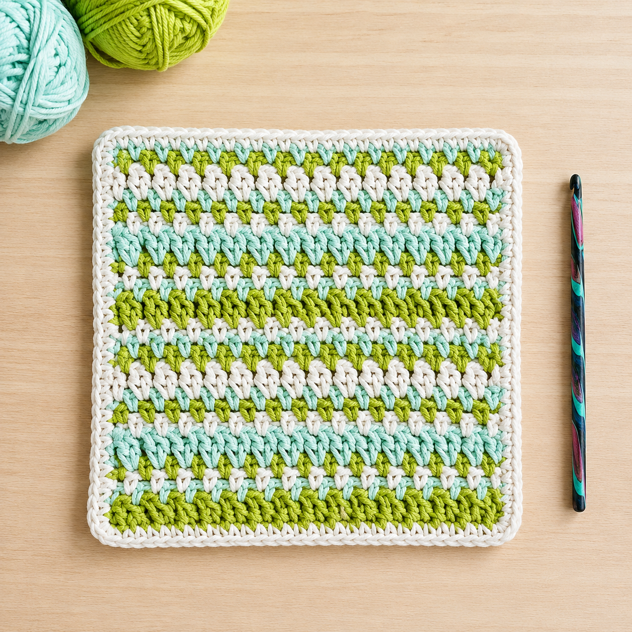 Crochet spring stripe coaster in mint green and white