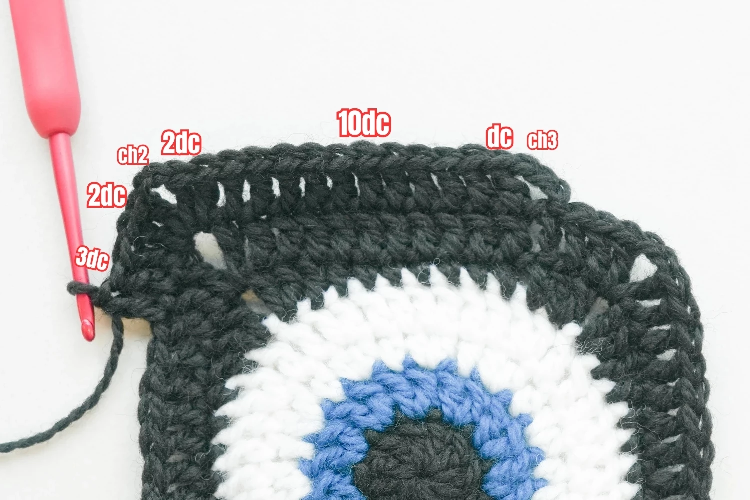 Devil Eye Granny Square Round 6 complete - square shape well established