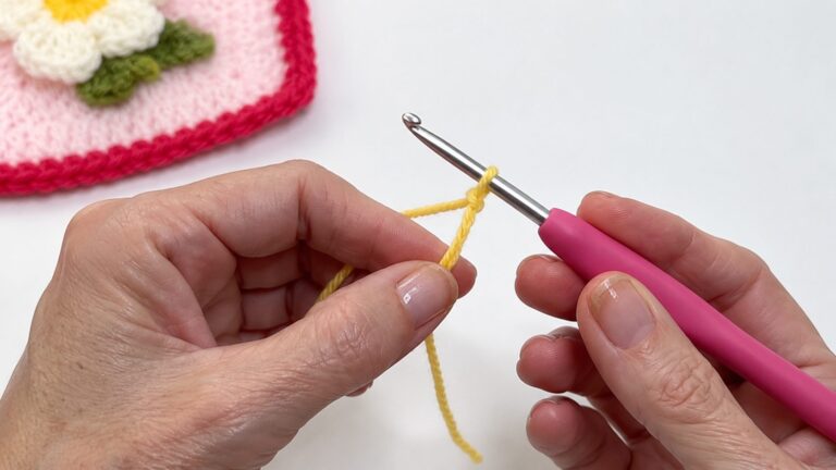 Hands crocheting a strawberry and flower granny square with yellow yarn and pink hook