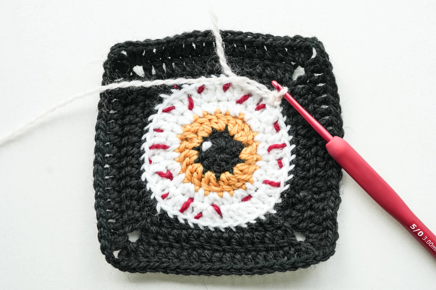 Devil Eye Granny Square Style 2 detail closeup showing iris