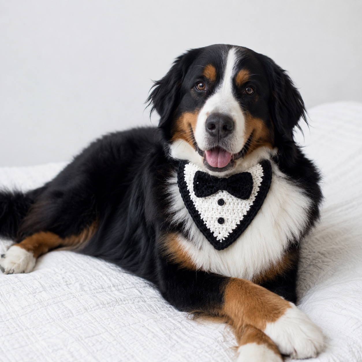 Crochet tuxedo bow tie dog bandana on a Bernese mountain dog