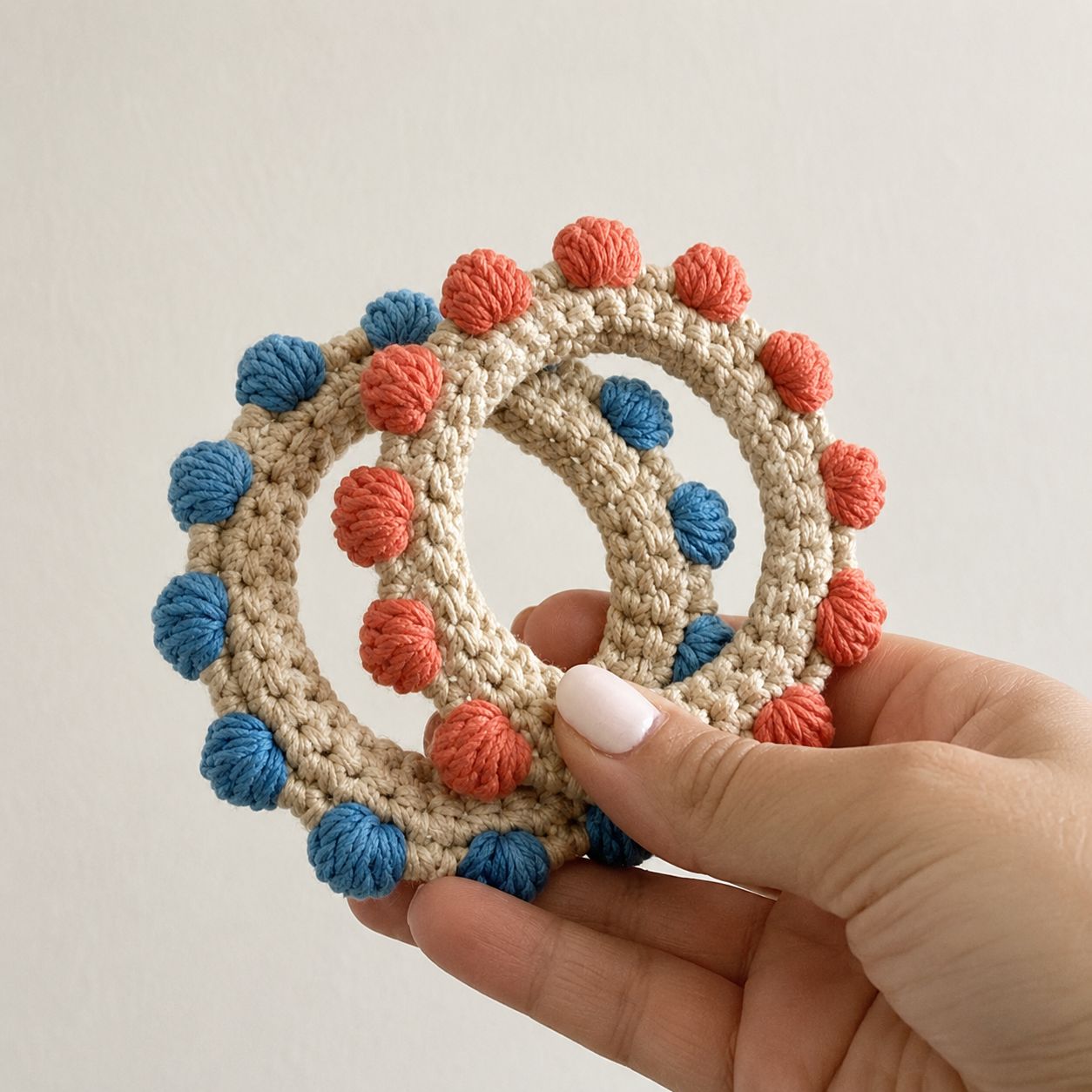 Two beige crochet bangles with blue and coral pom-pom embellishments and textured stitch