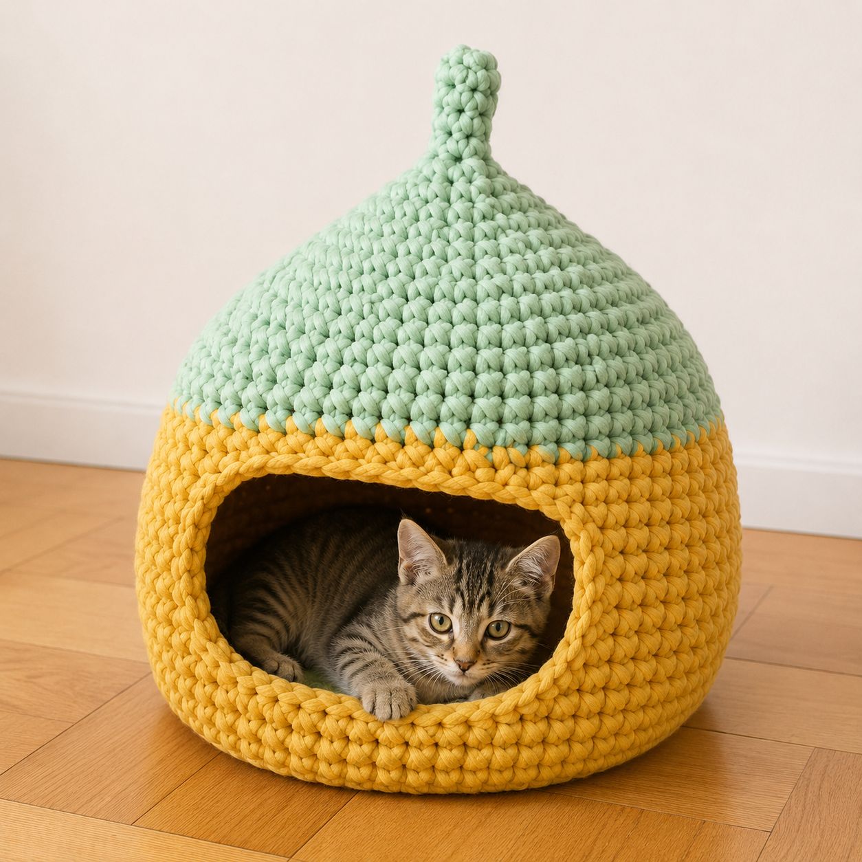 Two toned mint green and yellow crochet cat house with rounded shape