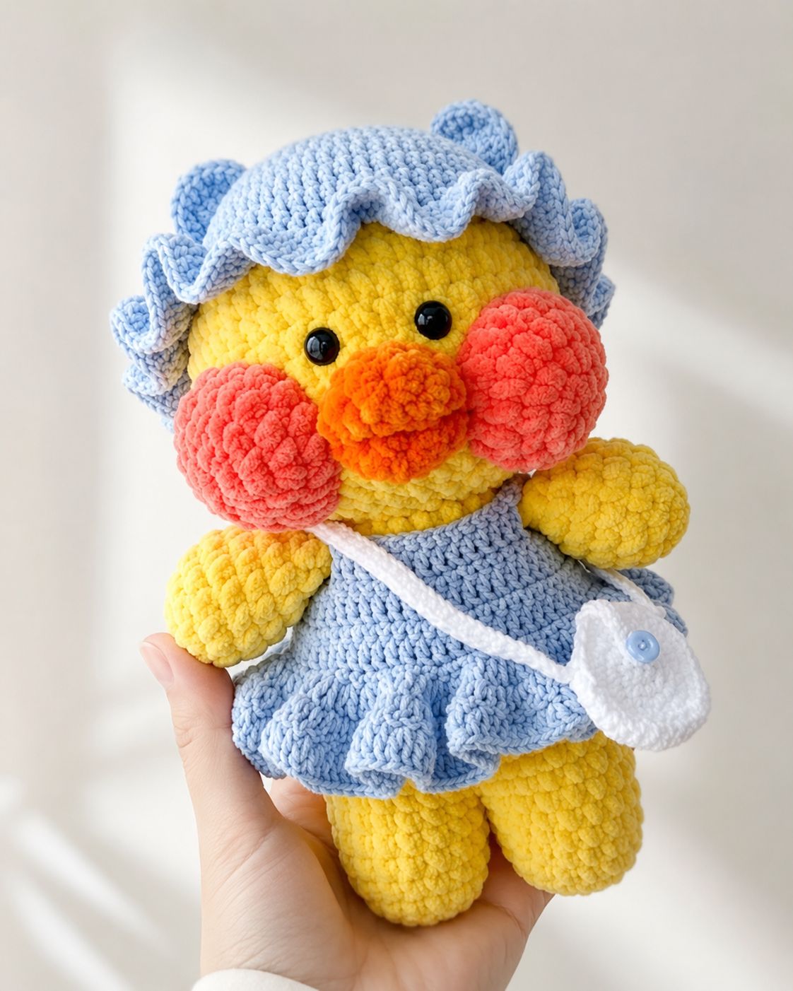 Yellow Lalafanfan duck wearing blue ruffled dress and bucket hat with crossbody bag