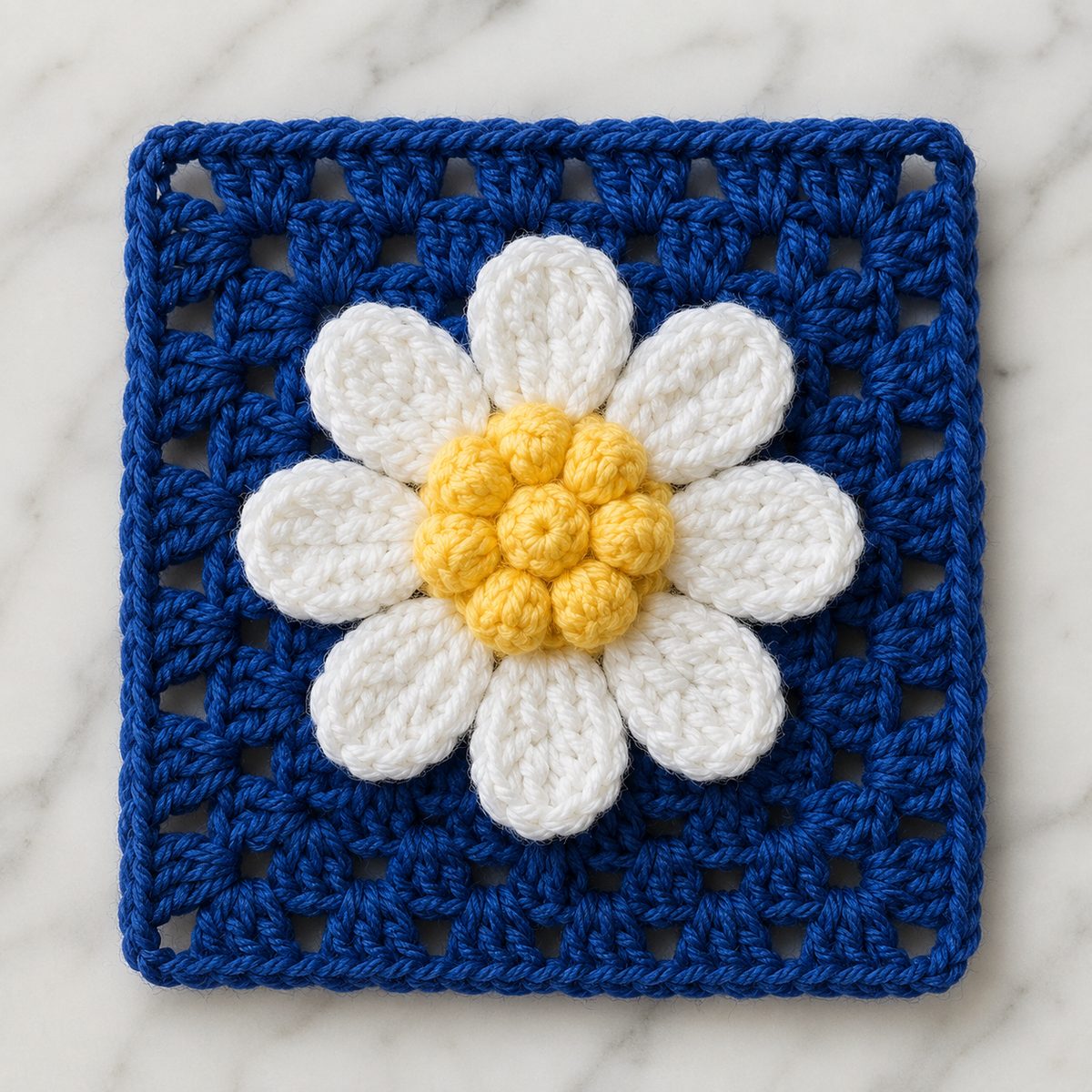 3D flower granny square: eight white petals around a raised yellow bobble center on a deep blue granny cluster square