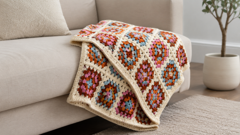 Colorful crochet granny square blanket draped over a sofa
