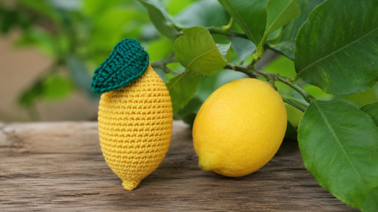 Handmade yellow crochet lemon with a green leaf beside a real lemon