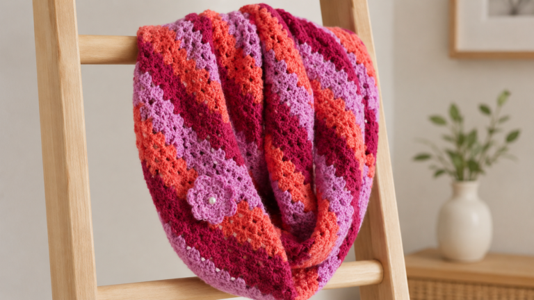 Colorful handmade granny stripe crochet infinity scarf on a mannequin