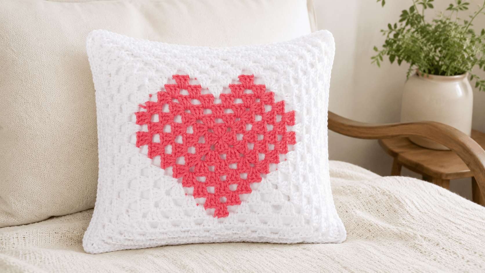 White crochet granny square pillow with a pink heart motif