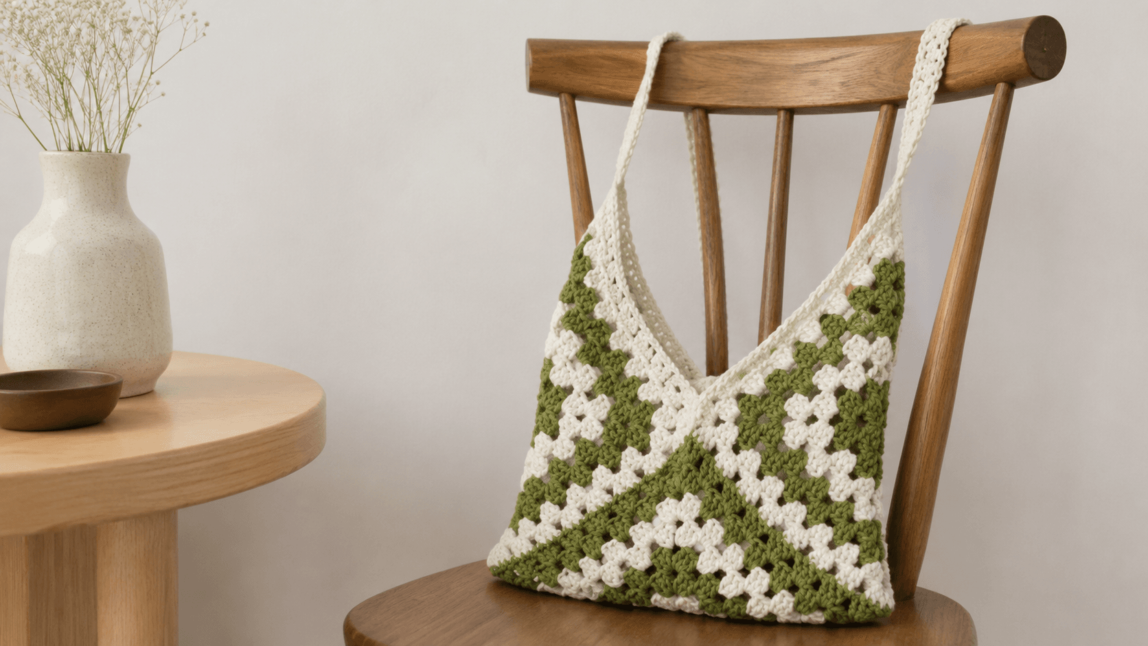 Green and cream crochet granny square shoulder bag
