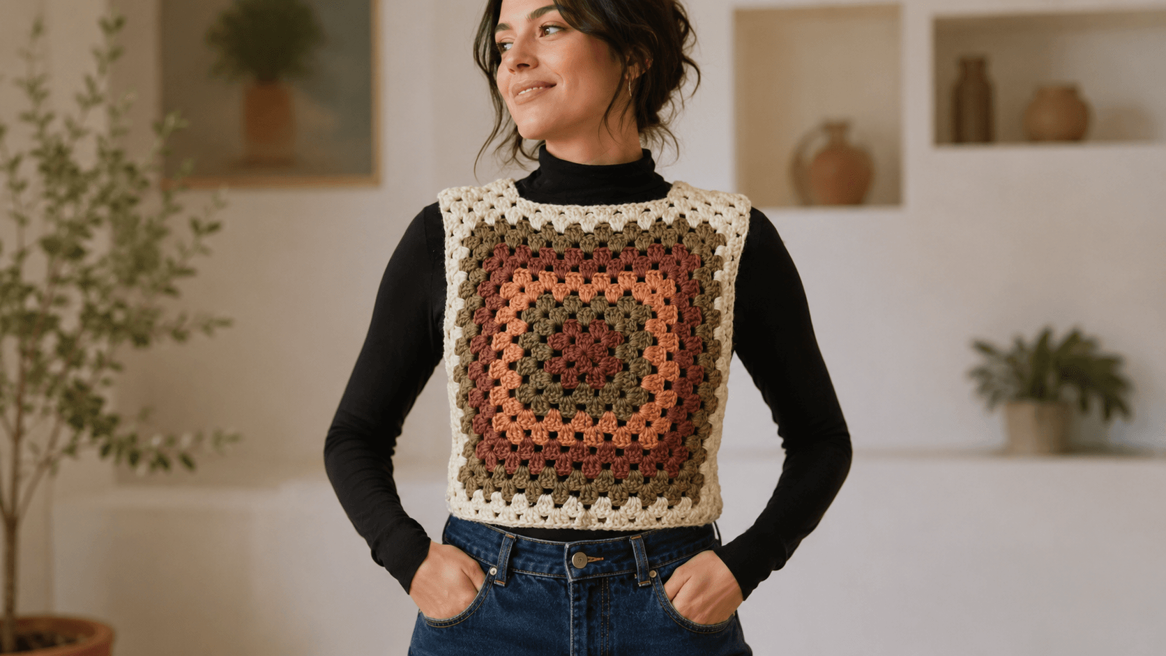 Adult wearing a handmade crochet granny square vest