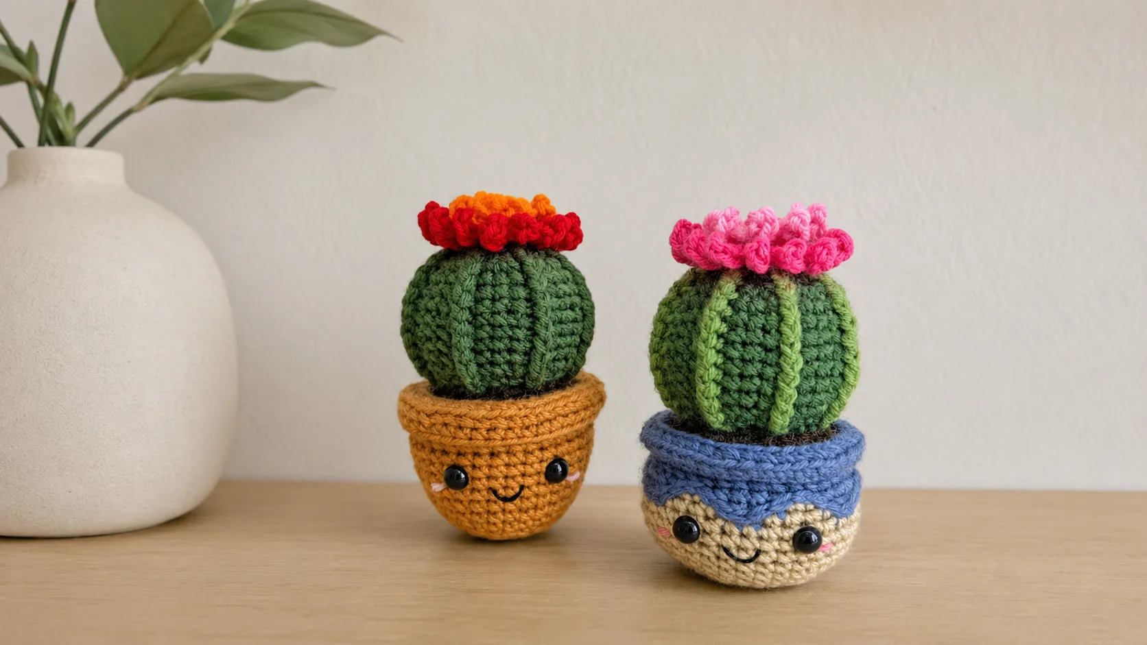 Two handmade crochet cactus plants in colorful pots