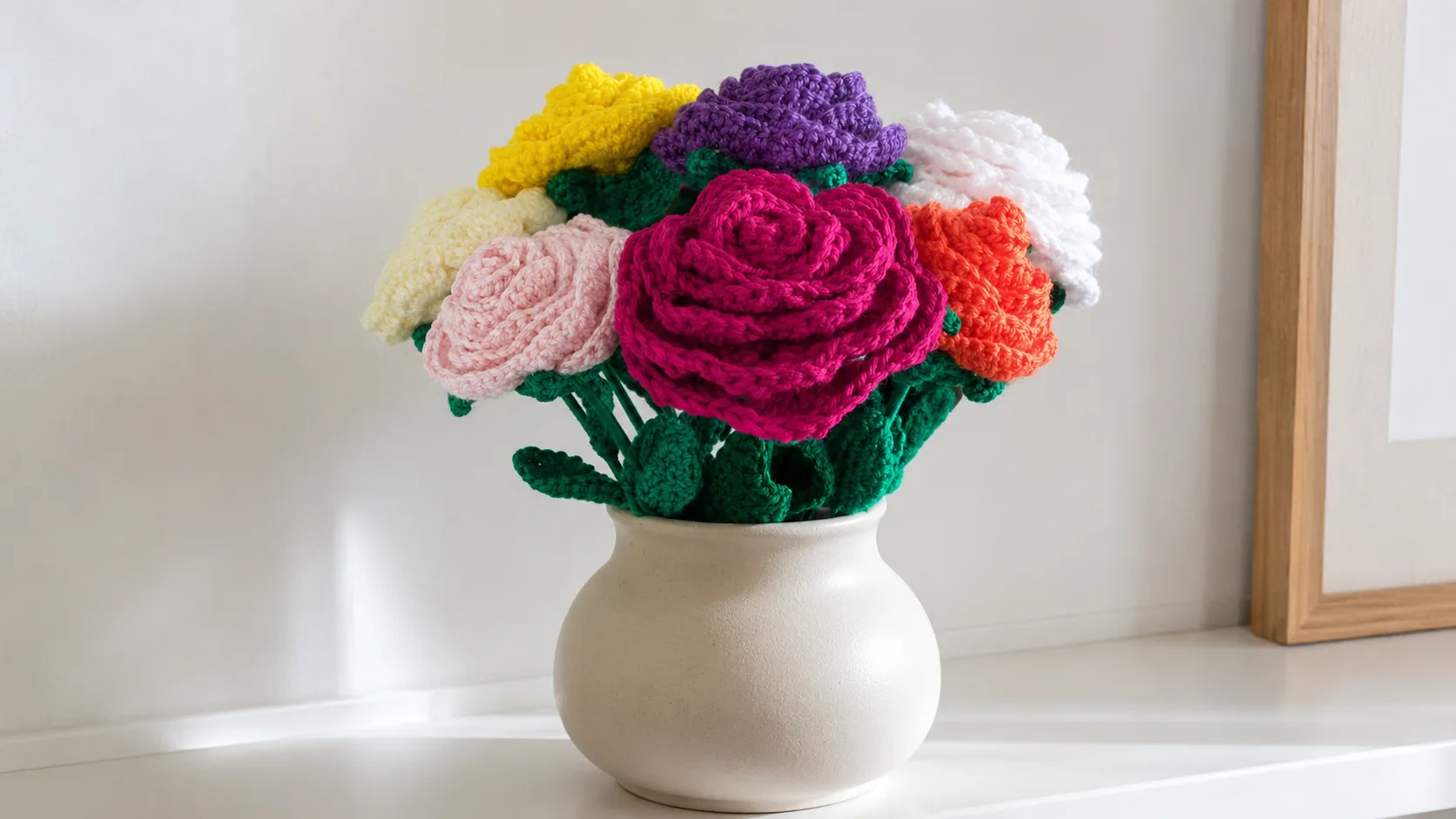 Colorful handmade crochet rose bouquet in a white vase