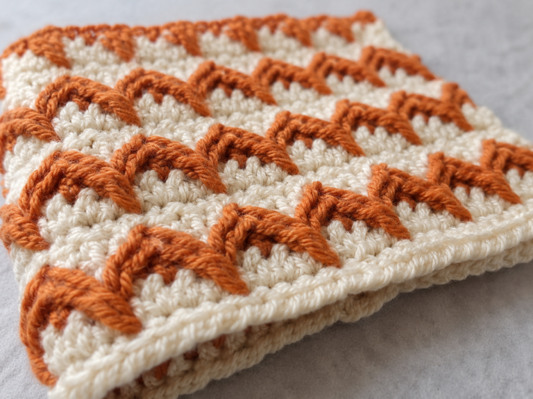 Close-up of alpine stitch crochet showing the raised ridge texture in two contrasting colors