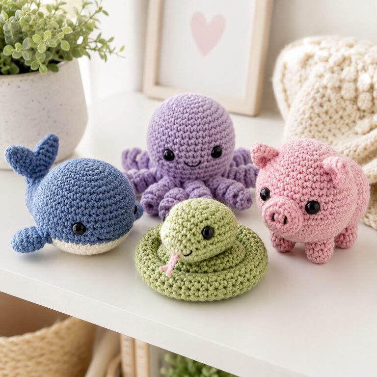 Group of beginner amigurumi crochet animals on a white shelf: blue whale, lavender octopus, green coiled snake and pink pig, all with safety eyes