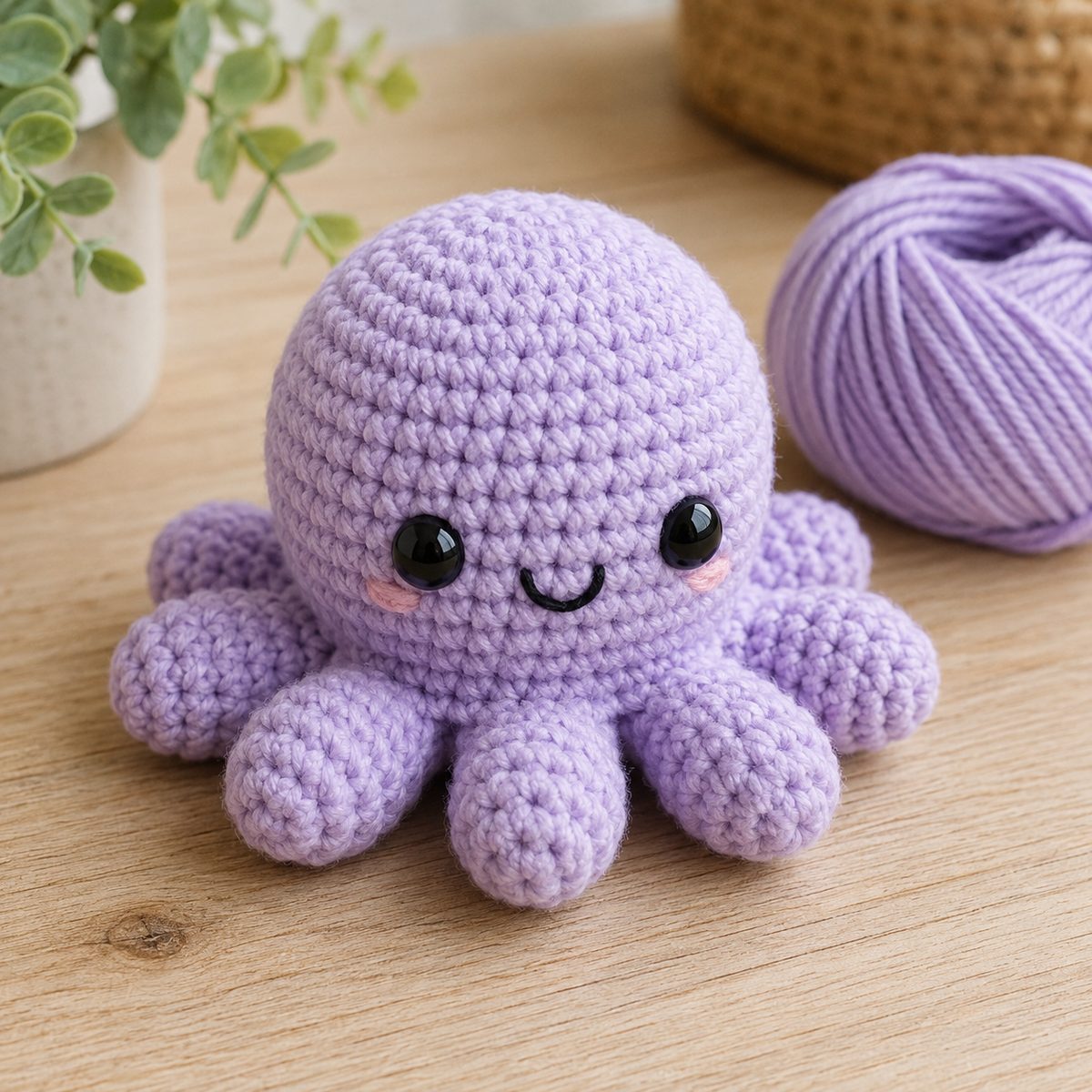 Lavender no-sew amigurumi crochet octopus with bobble legs and safety eyes on a wooden table beside a ball of yarn