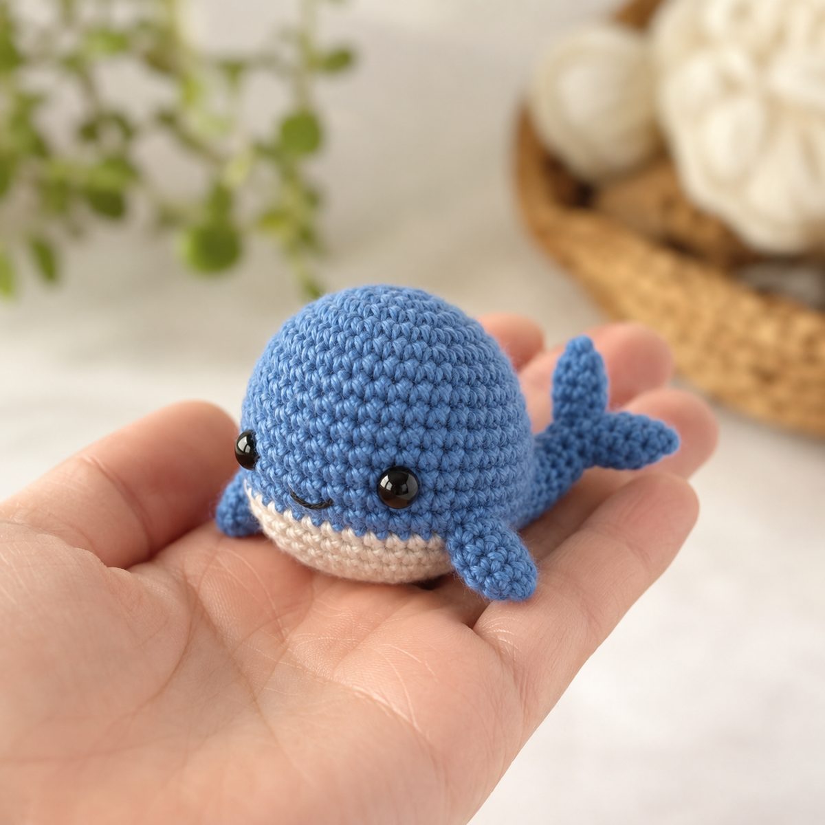 Small blue amigurumi crochet whale with a cream belly and safety eyes lying in an open palm