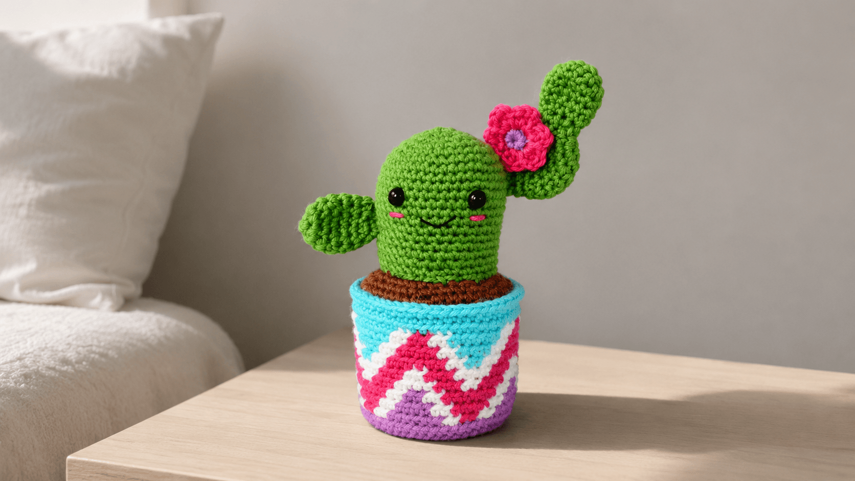 Handmade crochet cactus with a flower in a colorful pot