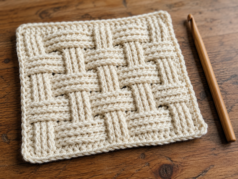 Finished cream crochet basketweave square with a wooden crochet hook