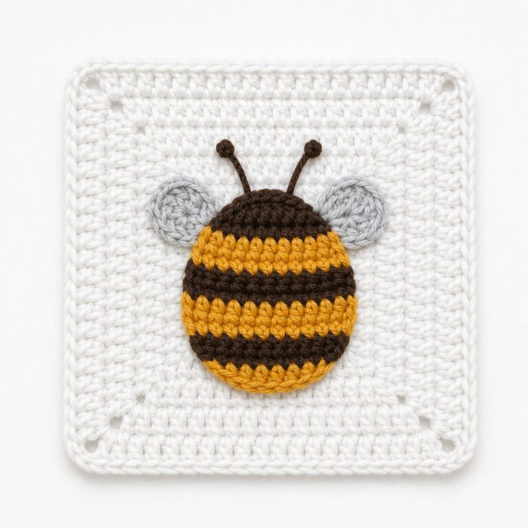 Bee granny square: a flat striped bee in golden yellow and dark brown with pale gray wings and embroidered antennae, set in a solid white crochet square