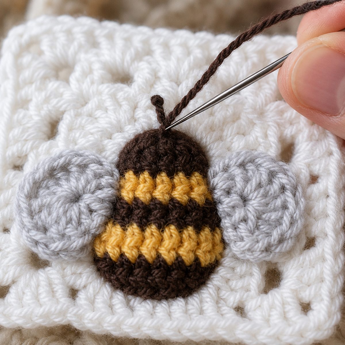 Darning needle with dark brown yarn embroidering an antenna at the top of the crochet bee's head