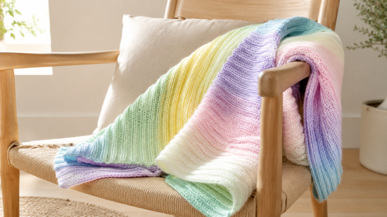 Pastel striped crochet blanket draped over a wooden chair