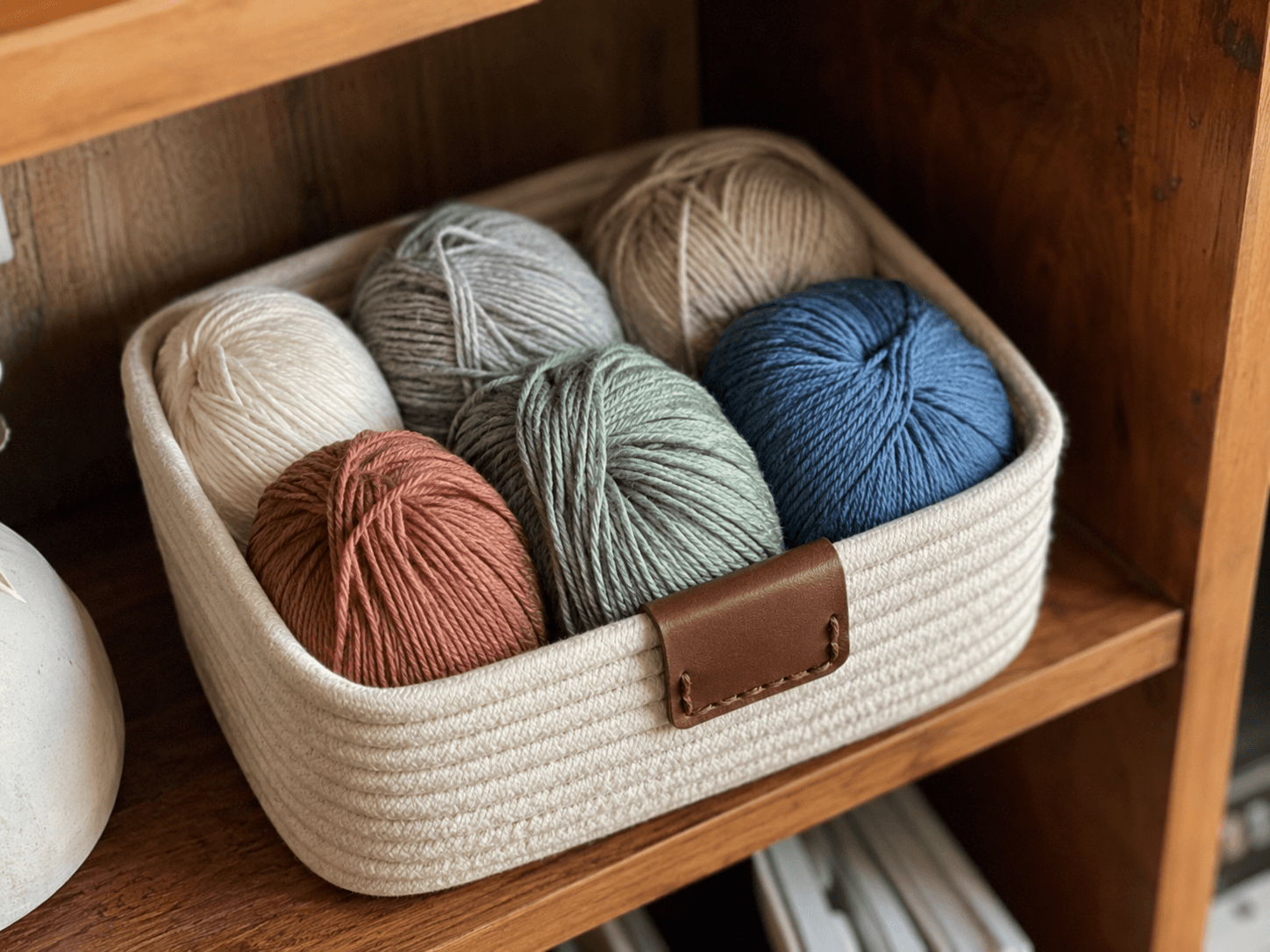 A woven basket holding an assorted beginner yarn stash in several colors
