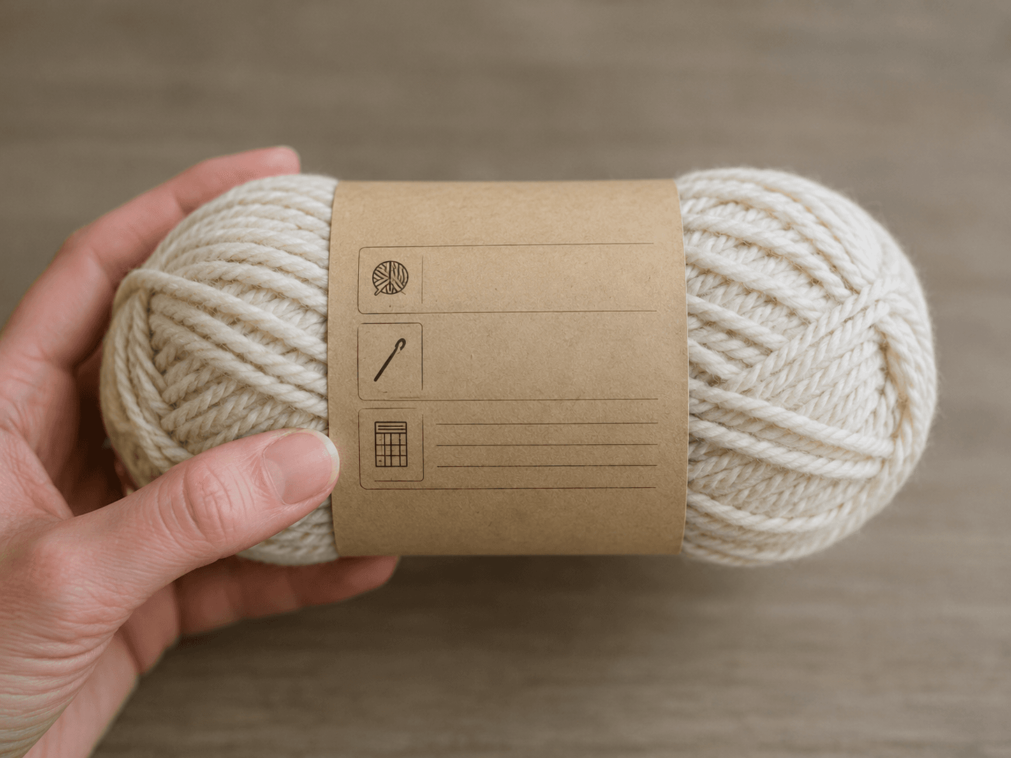 Hand holding a yarn skein showing a craft paper label with weight, hook, and gauge icons