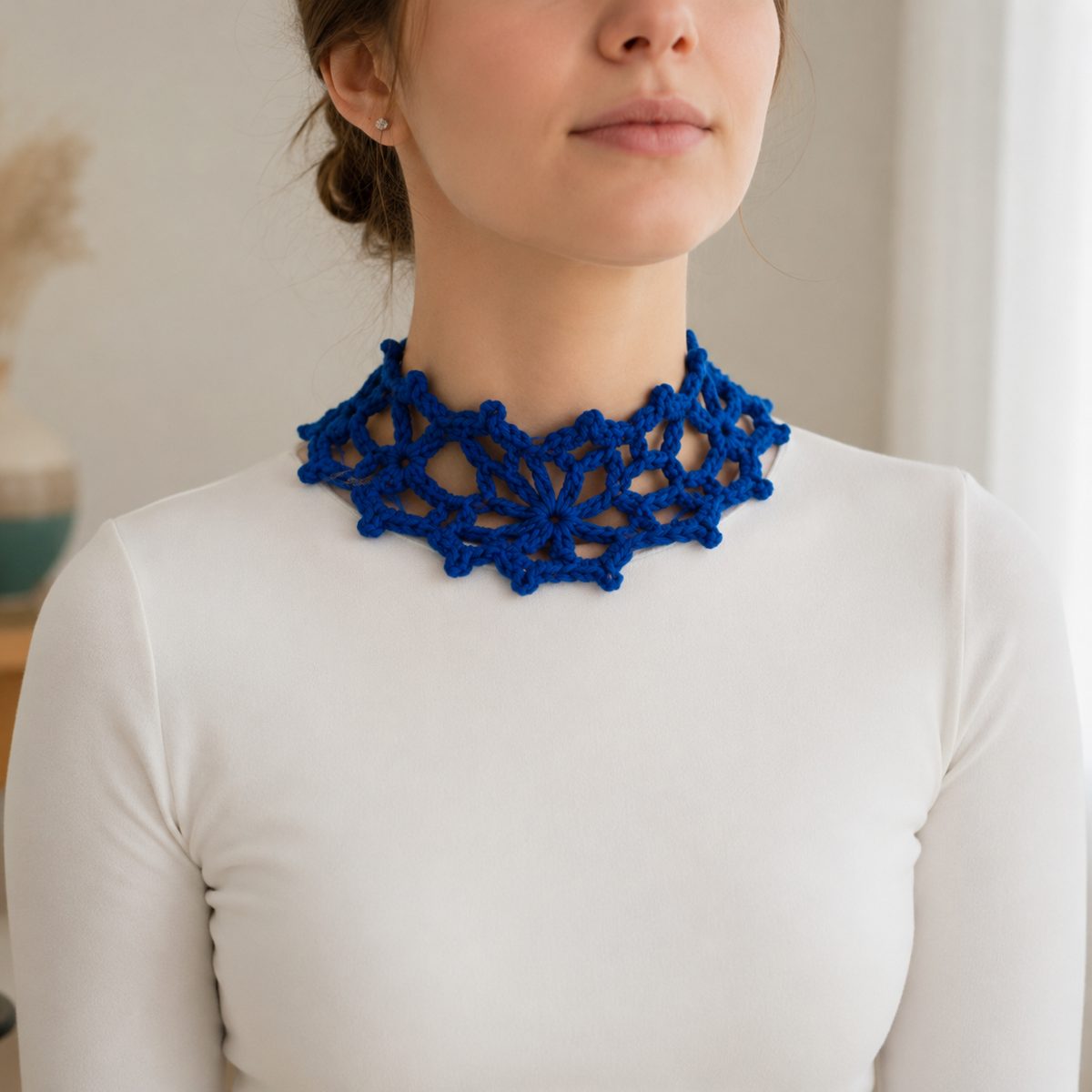 Wide royal blue crochet statement choker in chunky yarn
