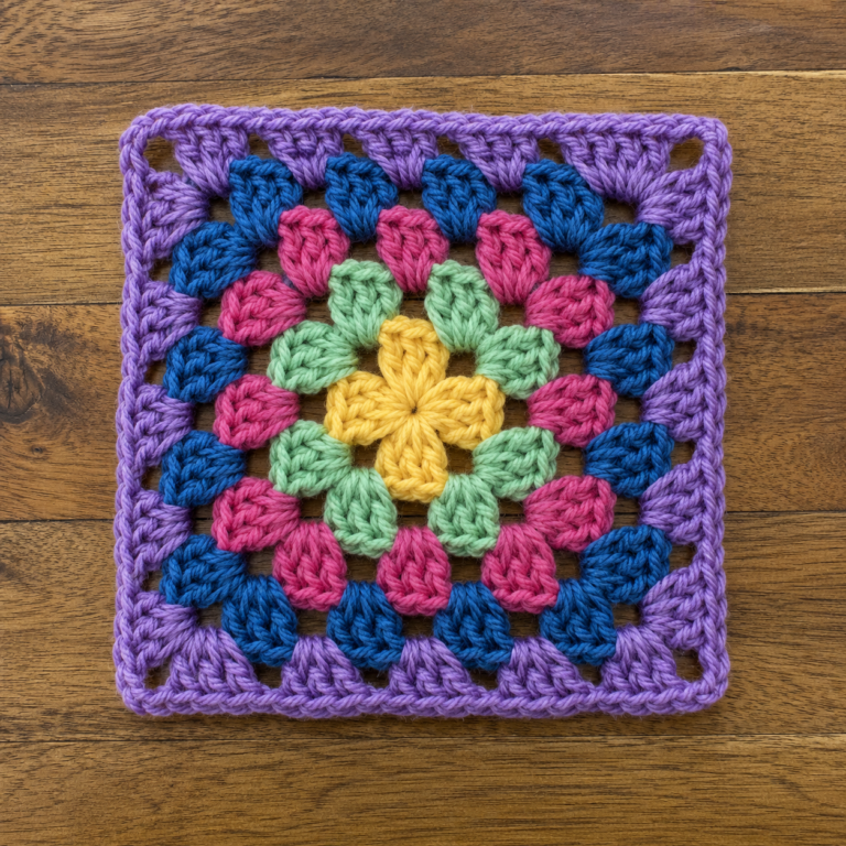 Colorful classic 4-round crochet granny square with visible corner spaces on a wood table