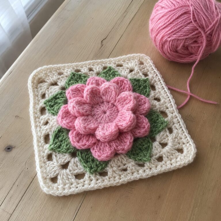 Handmade crochet granny square with a raised 3D puff-stitch pink flower and green leaves on a cream background, on a wooden table with pink yarn