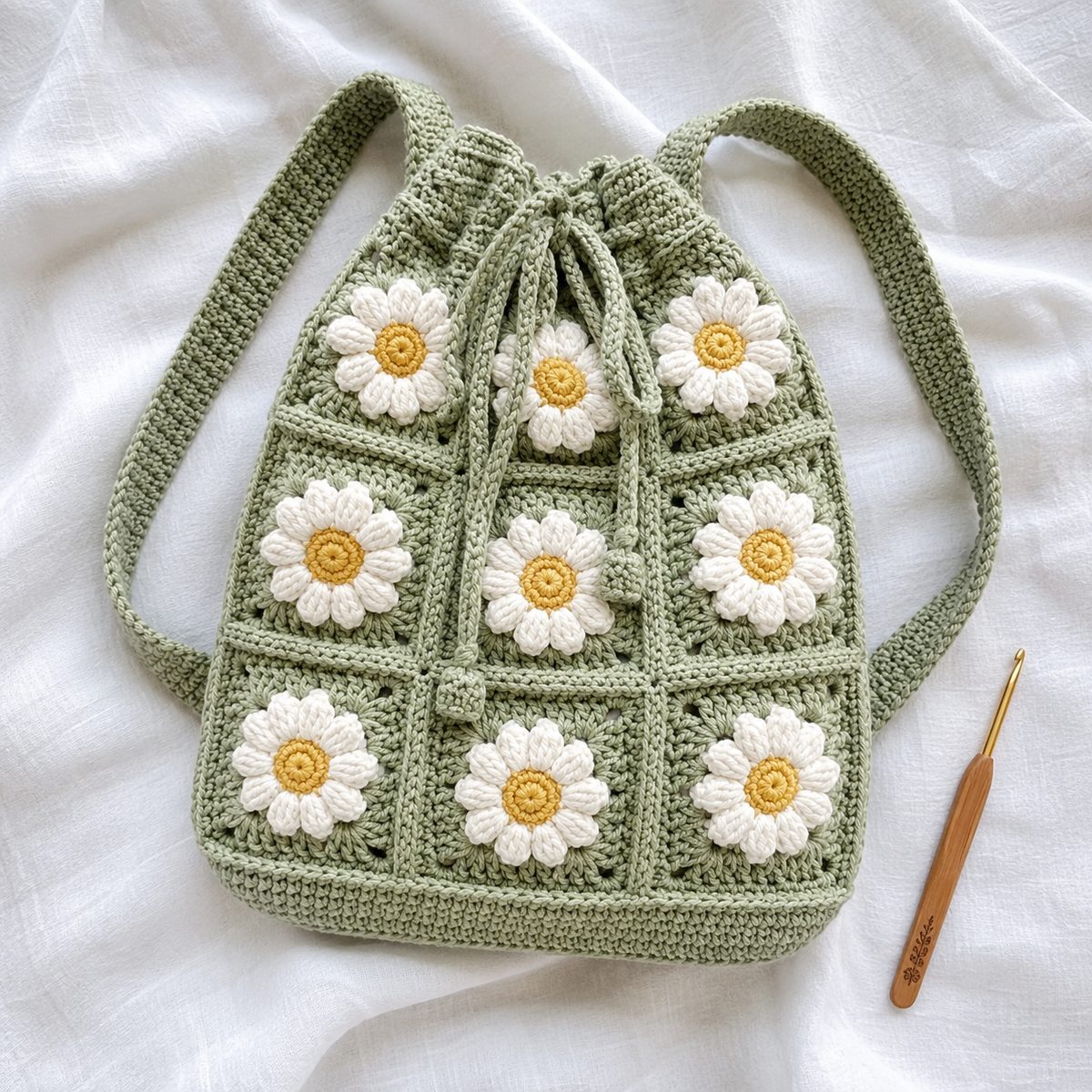 Sage green granny square crochet backpack with raised white daisy motifs on each square, flat lay with a wooden crochet hook