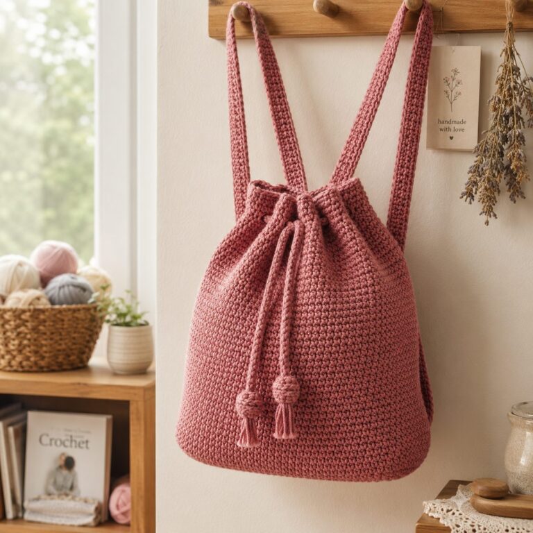 Dusty rose crochet drawstring backpack with knotted cord ends hanging by both straps on wooden coat hooks