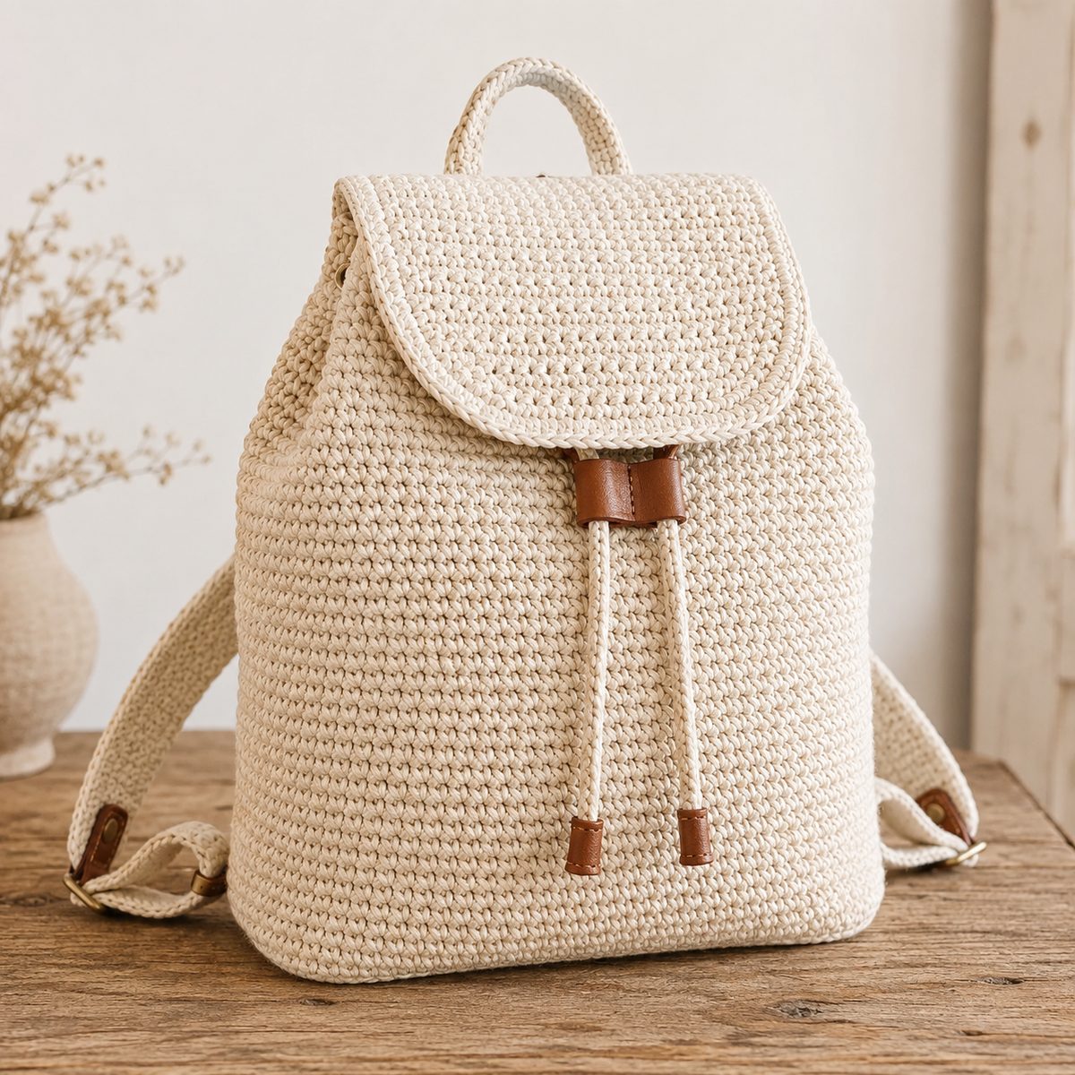 Cream crochet backpack with a flap top, brown leather drawstring toggle and leather-capped cords standing on a wooden table