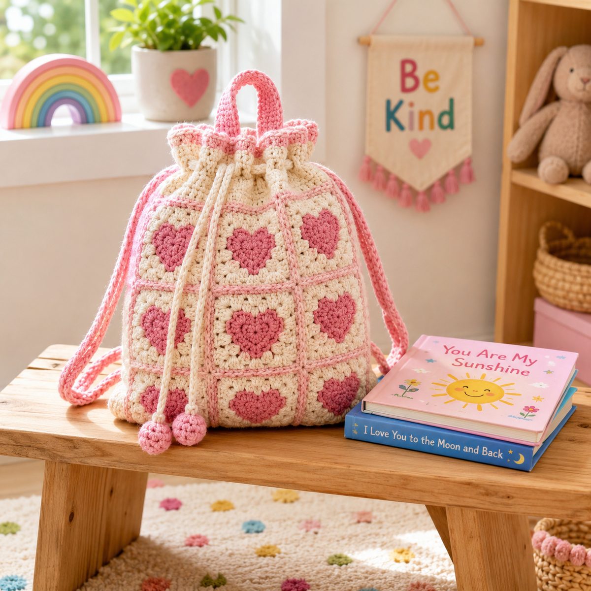 Small cream and pink kids crochet drawstring backpack made of granny squares with pink heart motifs, sitting on a wooden bench