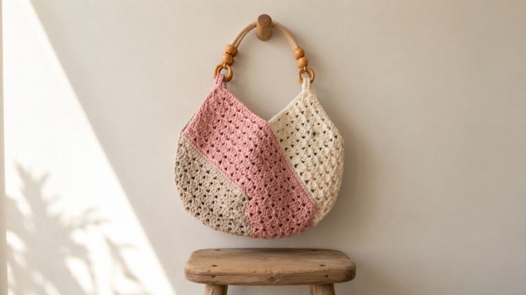 Three handmade crochet handbags hanging from a wall hook