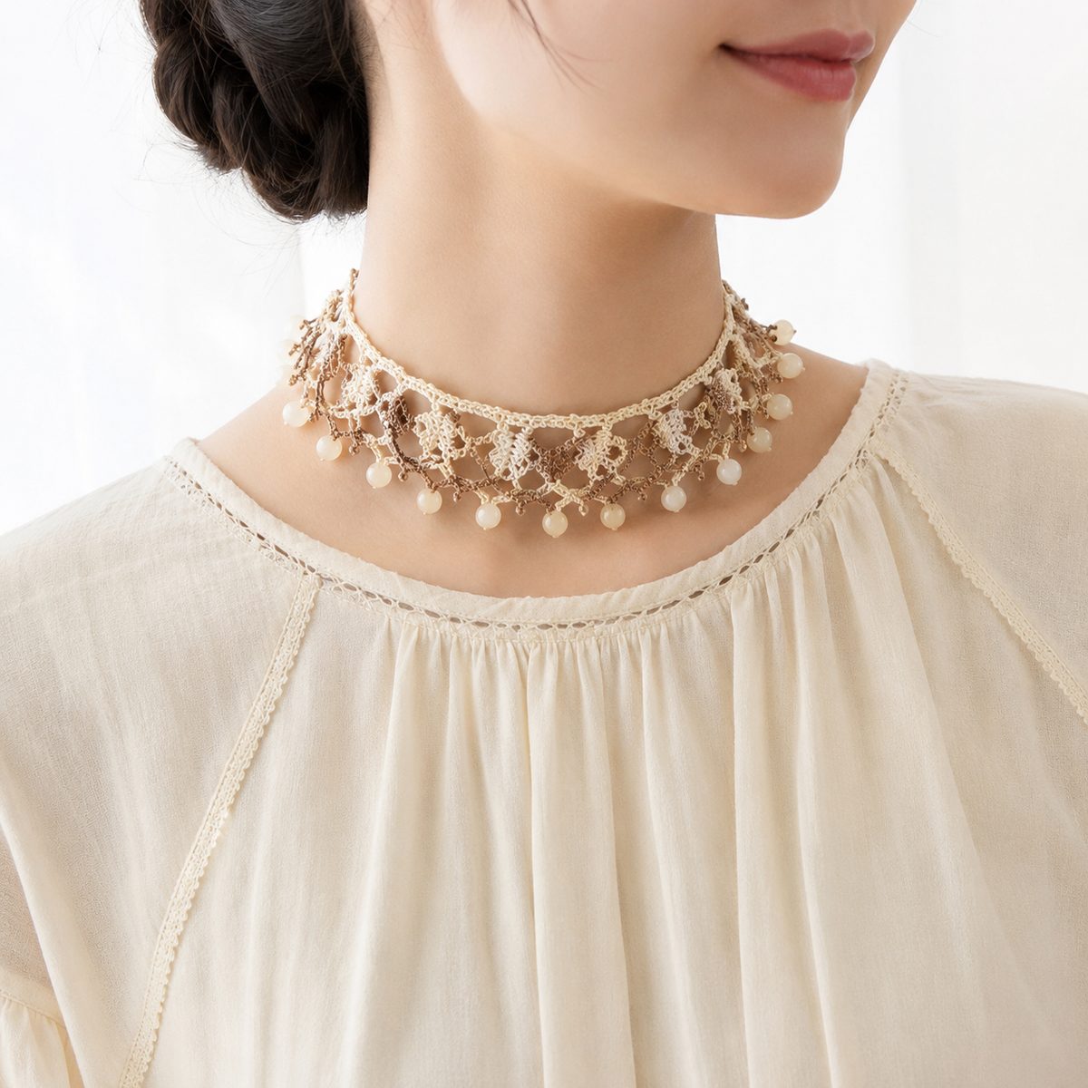 Cream lace crochet choker with dangling pearl beads