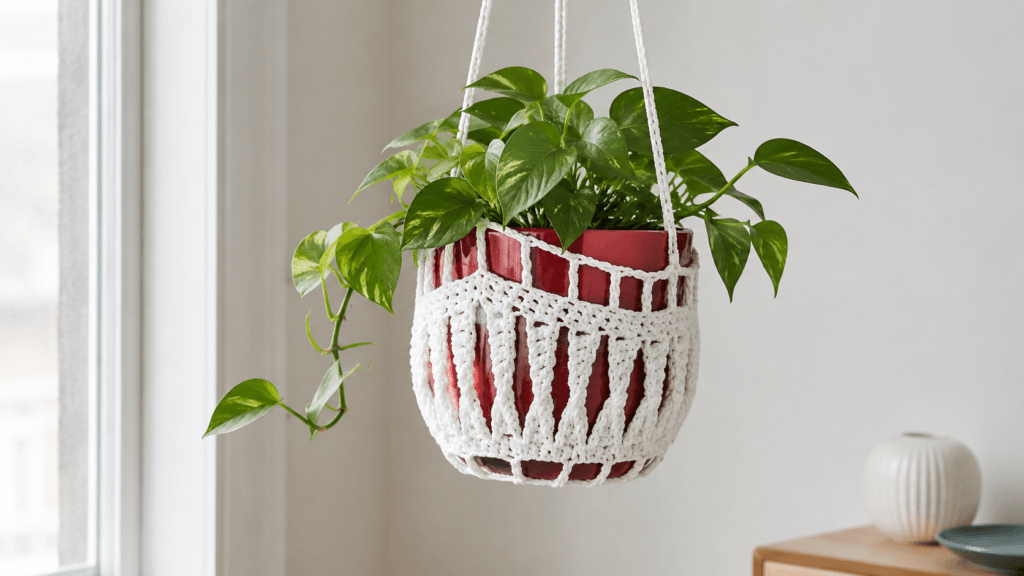 White openwork crochet holder around a burgundy pot with a green pothos