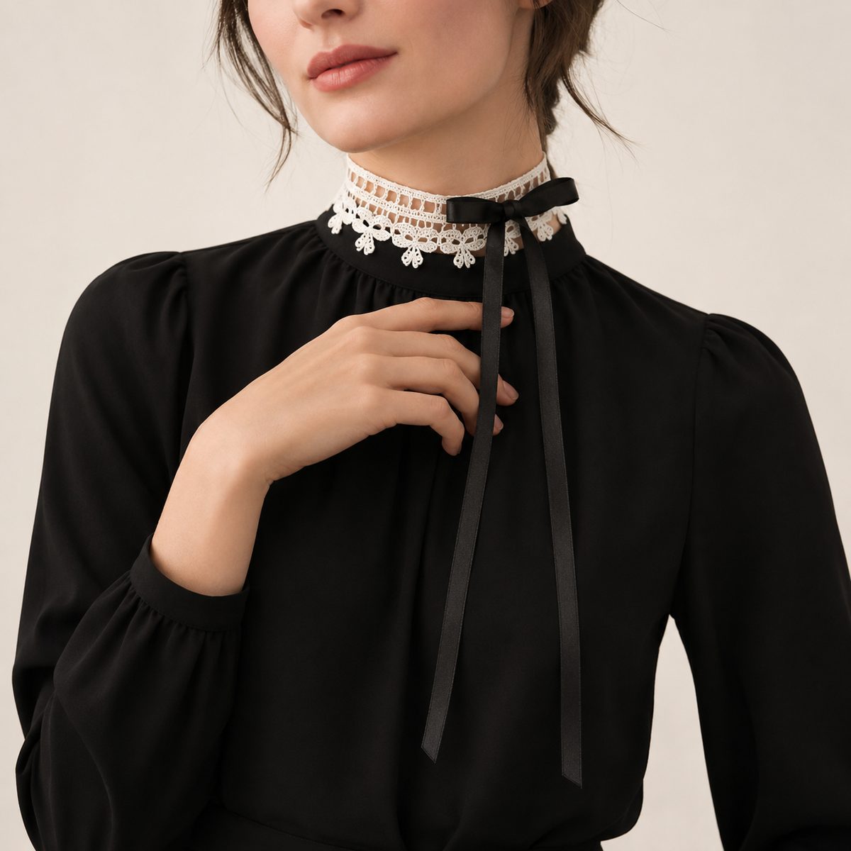 White lace crochet choker with a ribbon bow at the front