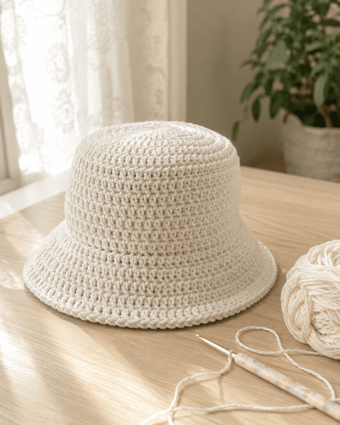 White double crochet bucket hat beside white yarn and a crochet hook