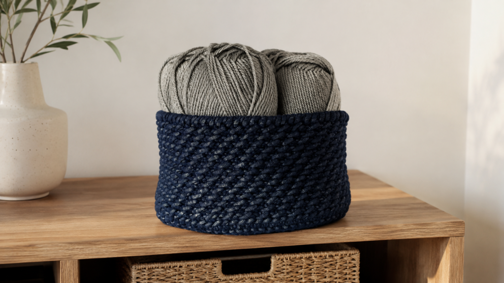 Navy textured crochet basket holding gray yarn balls