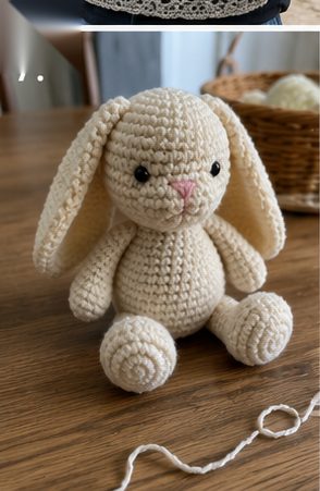 Cream crochet amigurumi bunny sitting on a wooden table with long floppy ears and an embroidered pink nose, a strand of yarn beside it