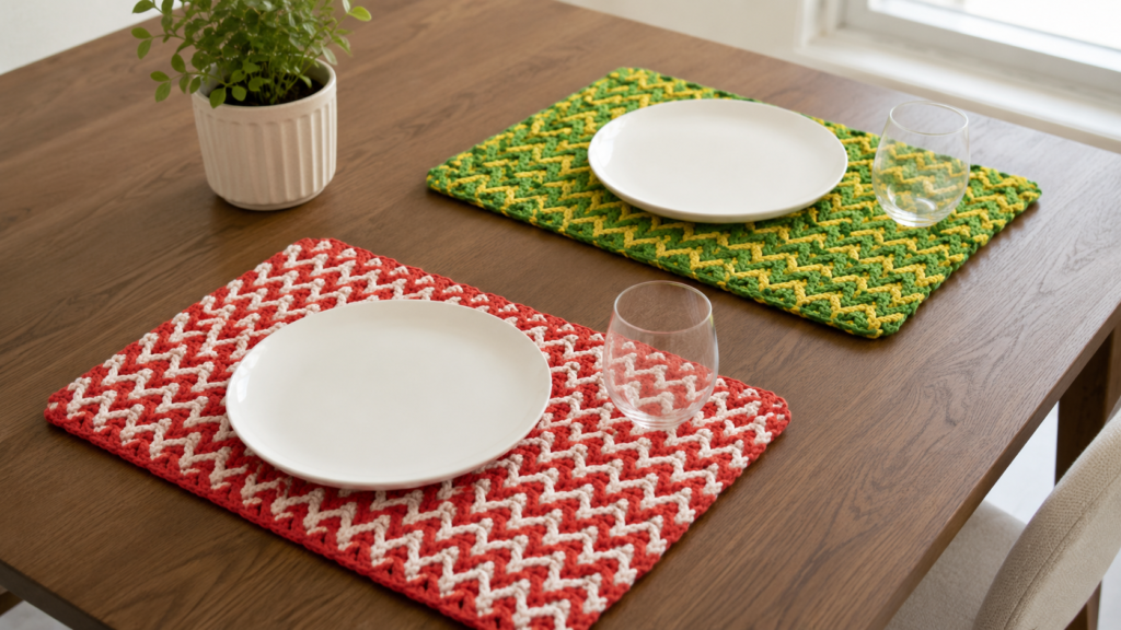 Crochet placemats with red-white and green-yellow zigzag motifs