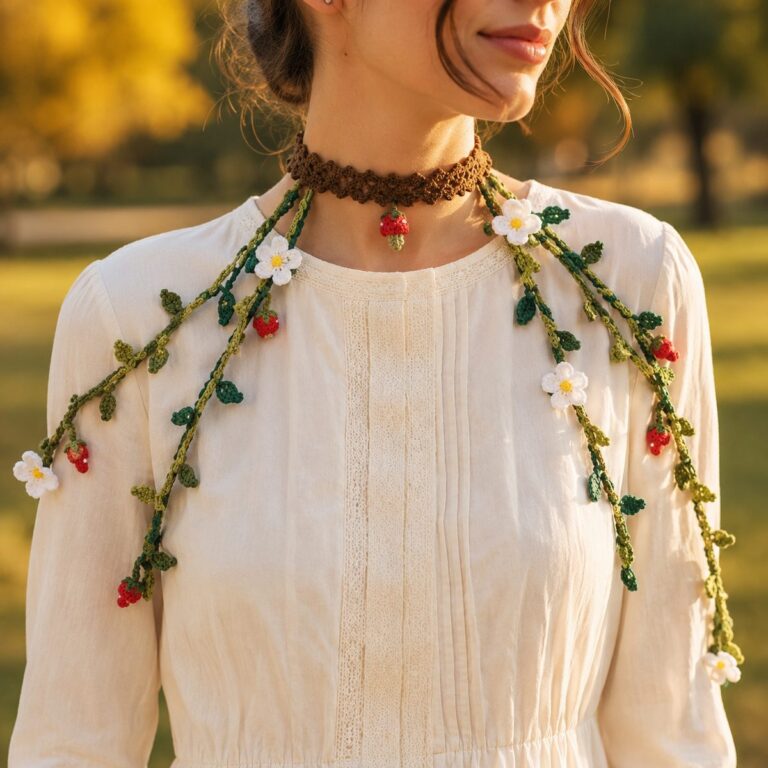 Crochet choker patterns, vine style choker with trailing leaves, white flowers and strawberry charms