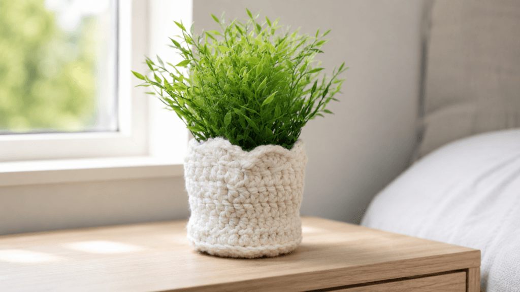 Cream chunky crochet cover around a leafy green plant