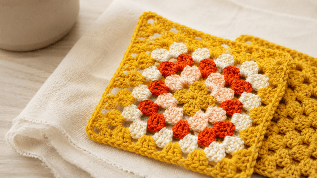 Mustard crochet granny square with white, orange-red, peach, and yellow floral rings
