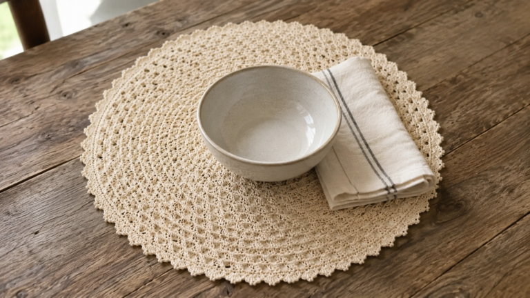 Round cream crochet lace mat beneath a bowl and folded napkin on a table