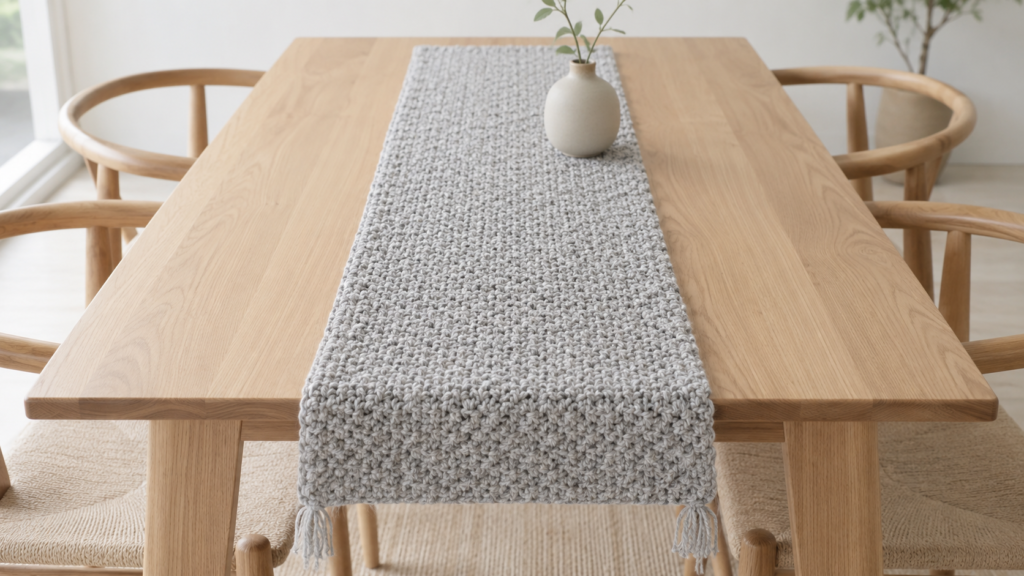 Light gray textured crochet table runner with tassels on a wood table