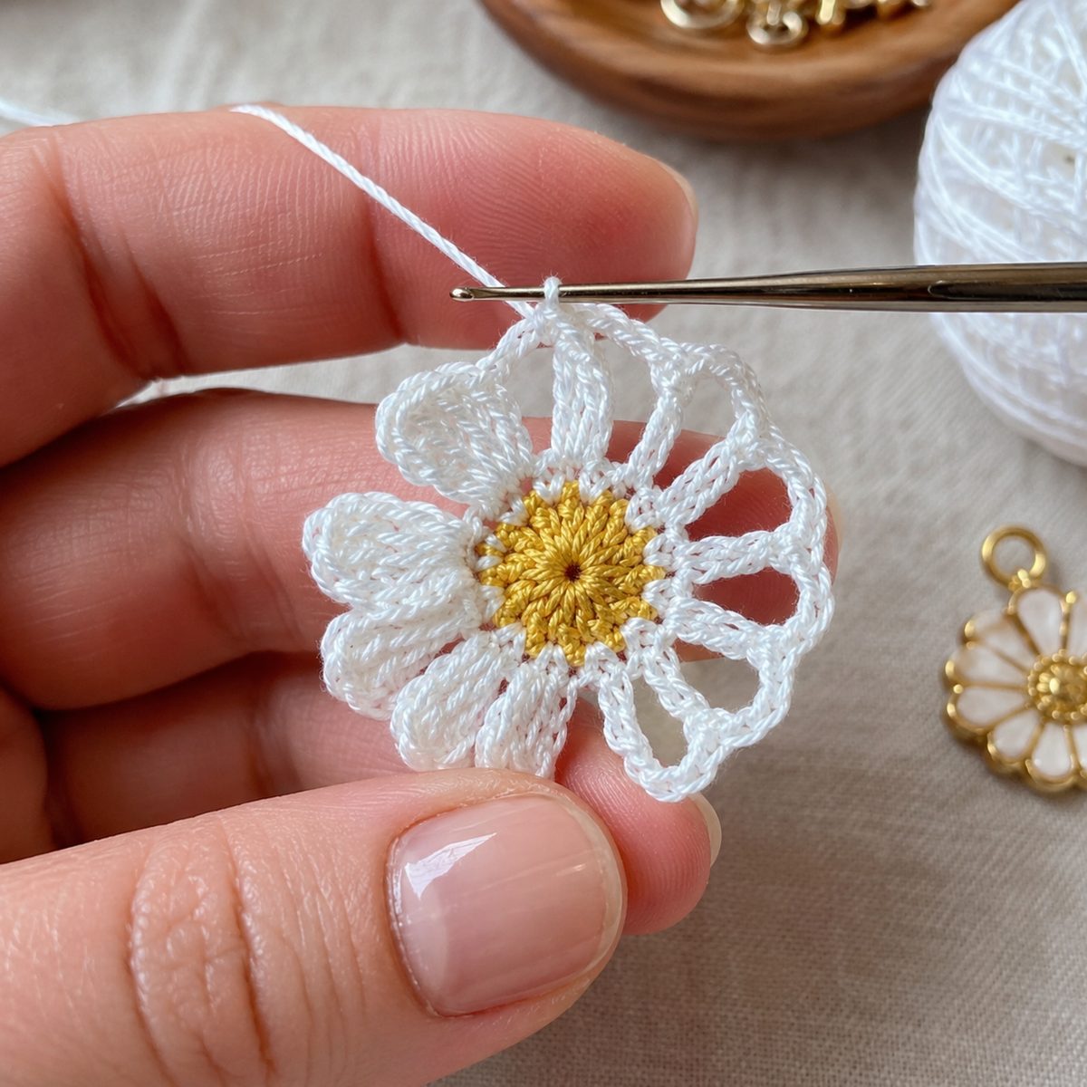 Crochet daisy earring motif in progress held between fingertips with a tiny steel hook