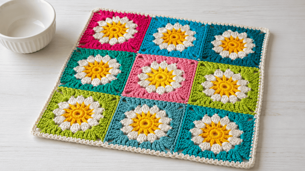 Joined daisy granny squares with yellow centers and colorful backgrounds